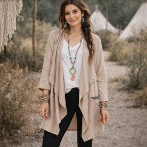 Logo Lounge Taupe Waterfall Knit Faux Suede Trim Soft Relaxed Cardigan Sz XL